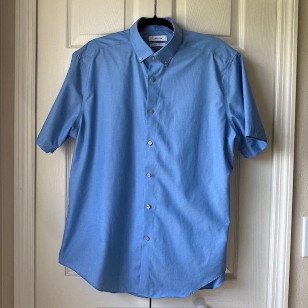 Calvin Klein Men's Blue Button Up Slim Fit Short Sleeve Shirt - Size 17 XL
